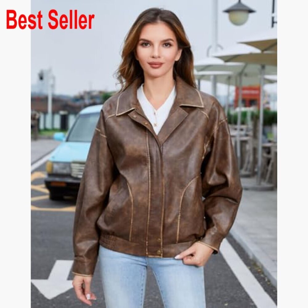 Faux Leather Jacket Loose Fit Moto Biker Zip Up - Picture 2 of 7